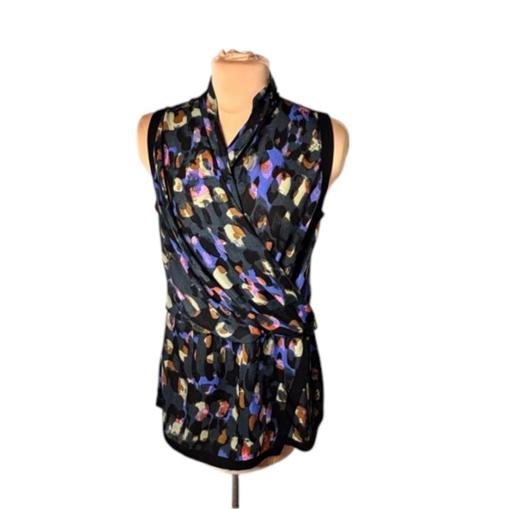 CAbi Faux Wrap Sleeveless Blouse Tank Top Black Multicolor Draped Women's S